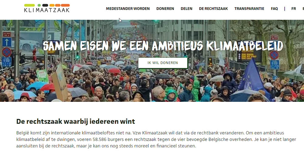 Foto screenshot van website: Tekort van 73.000 euro voor Klimaatzaak