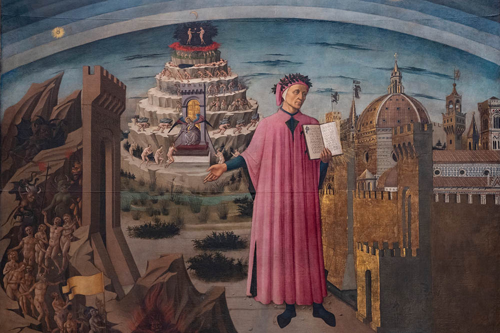 Een portret van Dante met de Goddelijke Komedie in de kathedraal van Firenze (Shutterstock)