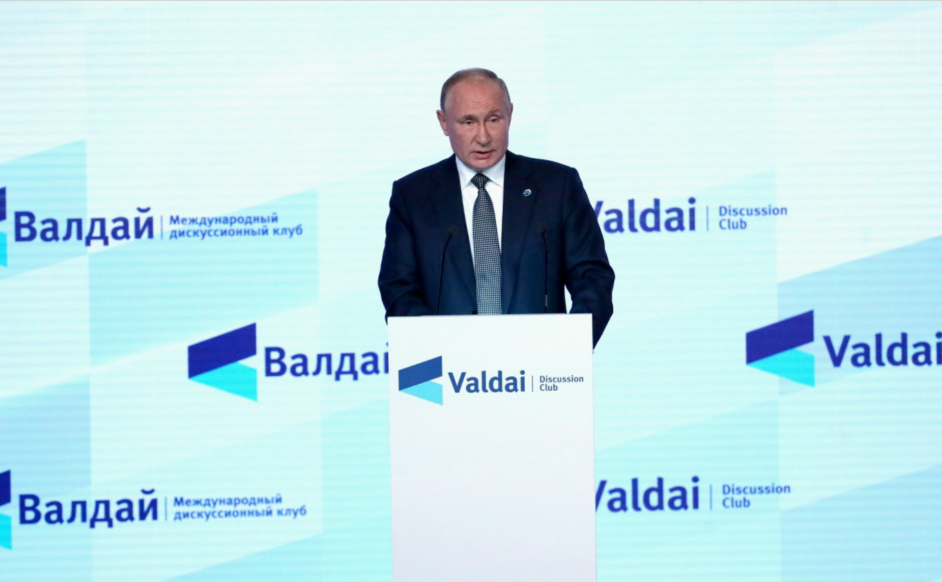 Russisch president Vladimir Poetin deed de uitspraken tijdens een speech voor discussieclub Valdai. (Beeld: Twitter)