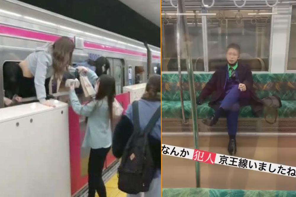 Op beelden is te zien hoe mensen in Tokio wegvluchten van de dader. Hijzelf rookt rustig een sigaret. (Beelden: Twitter)