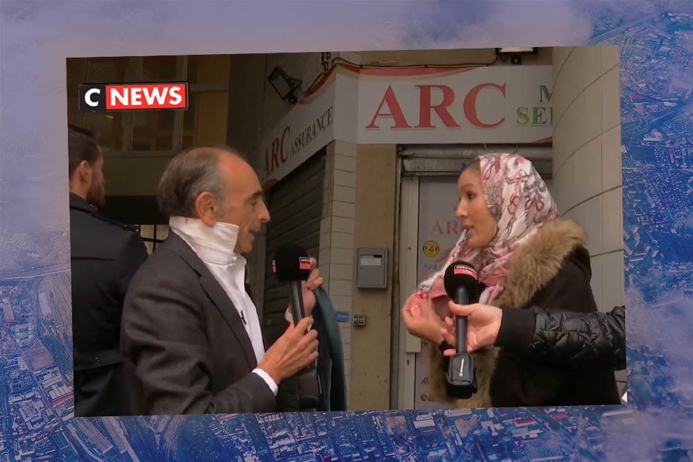 Zemmour overtuigt moslima om haar hoofddoek af te doen op straat (CNews & Shutterstock)
