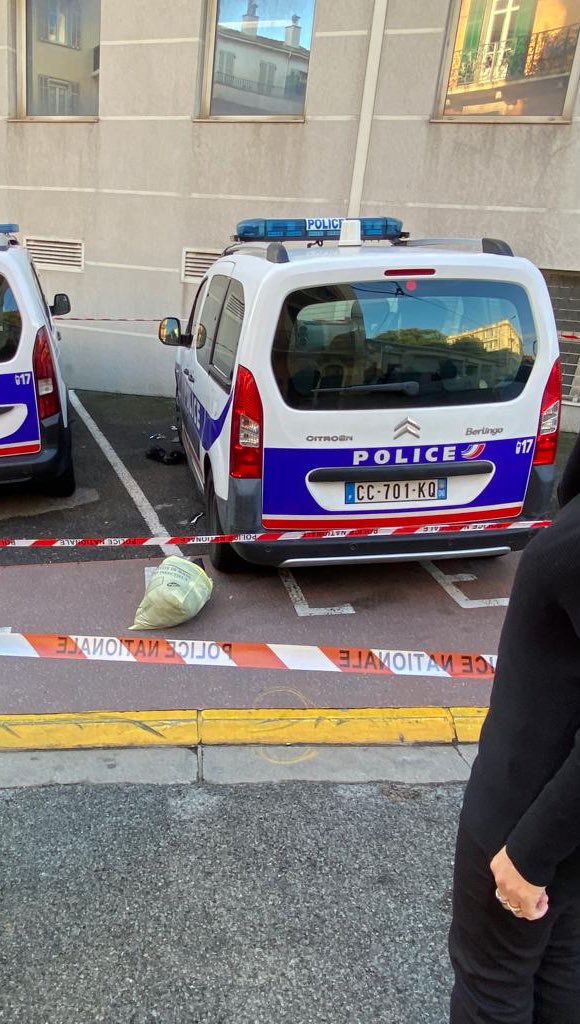 De politiewagen die aangevallen is door de Algerijn (Beeld: Twitter)