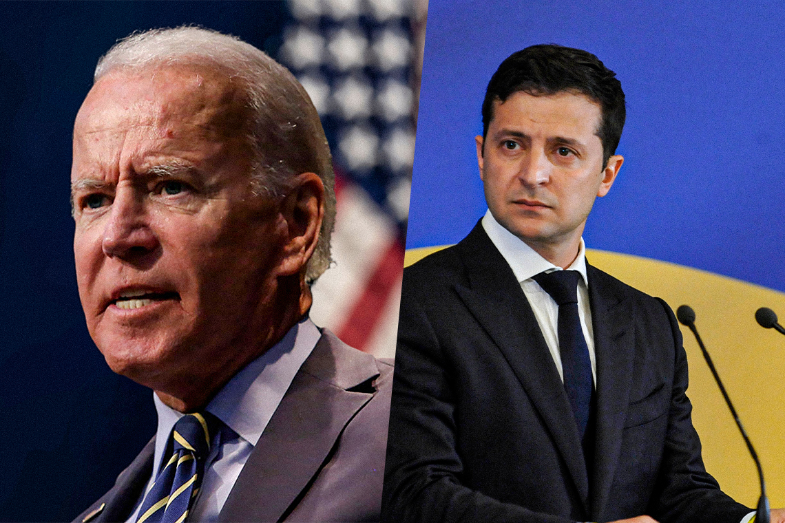 Amerikaanse president Joe Biden en Oekraïense president Volodemir Zelenski. Foto's Shutterstock