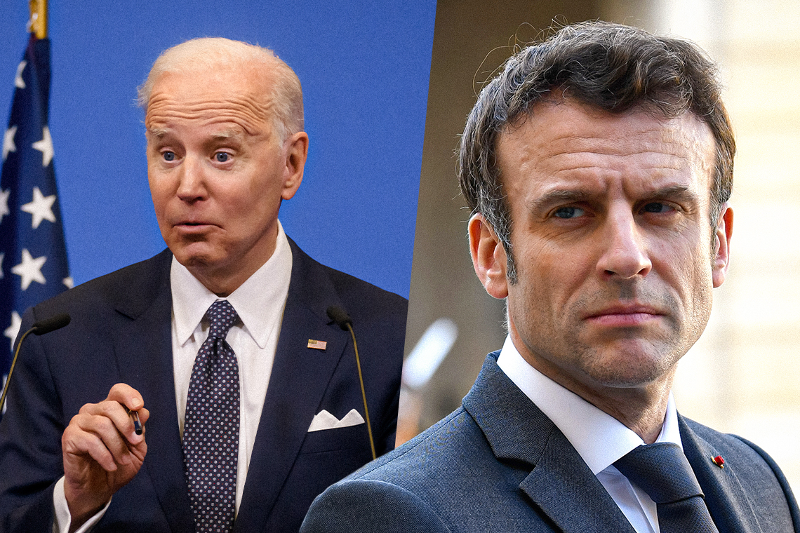 Amerikaanse president Joe Biden en Franse president Emmanuel Macron. Foto's: Shutterstock