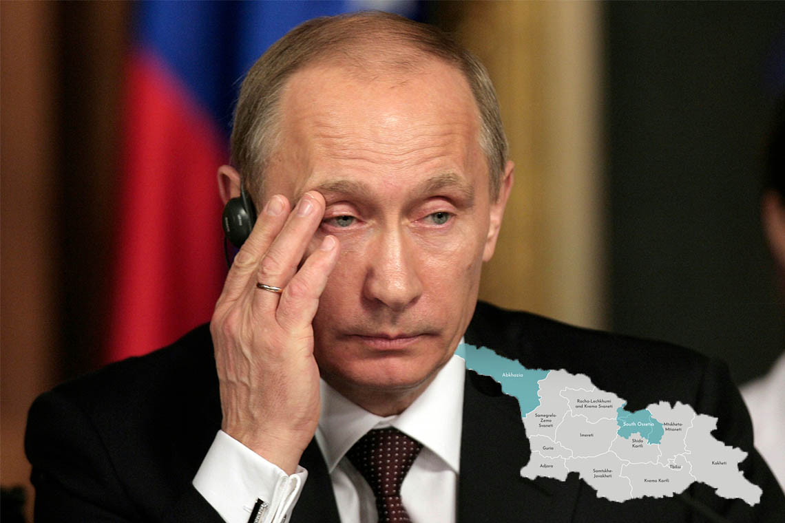 Poetin en een kaart van Georgië. Foto's Shutterstock.