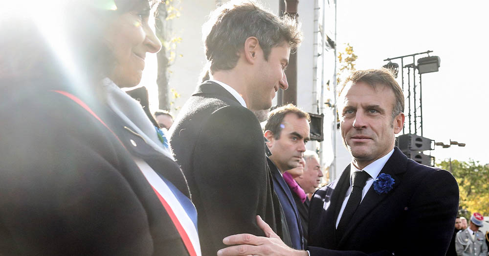 De Franse president Emmanuel Macron en zijn eerste minister Gabriel Attal (Photonews)