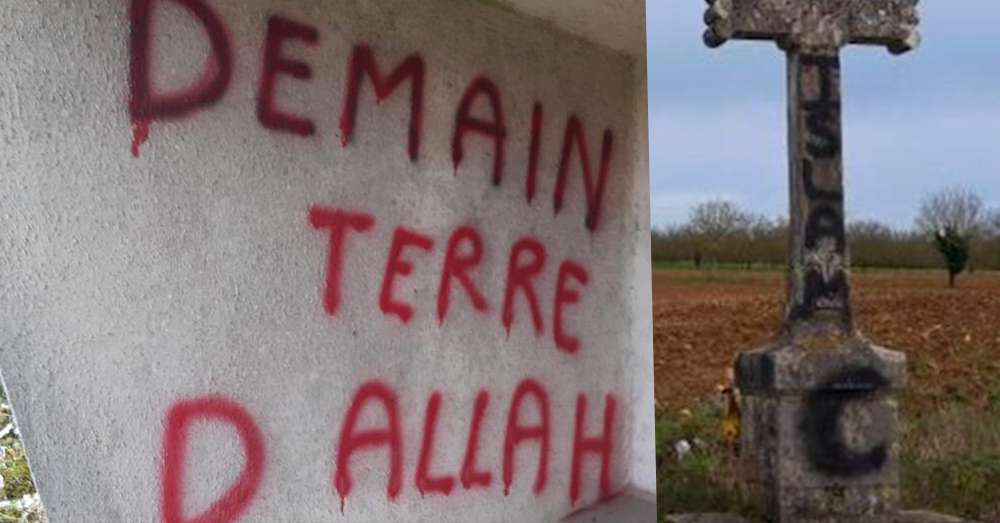 Christelijke symbolen in Frankrijk beklad met islamitische graffiti: “Vandaag land van ongelovigen, morgen land van islam”