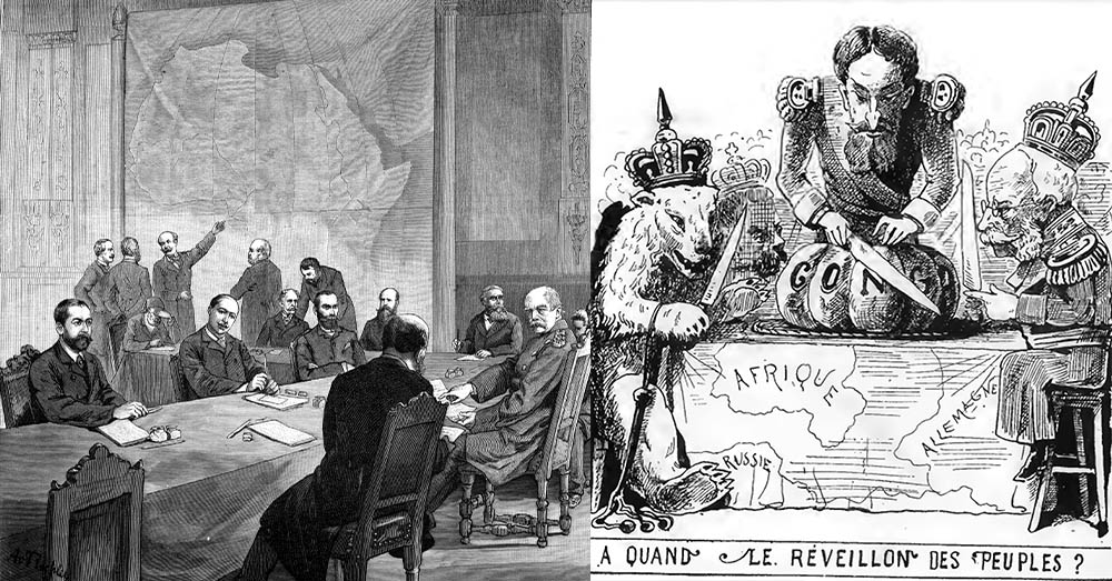 De Conferentie van Berlijn en rechts 2025-31_13_Leopold II, de Duitse keizer Wilhelm I en de Russische beer verdelen Congo