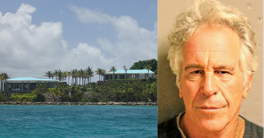 Links Little St James Island, rechts de laatste politiefoto van Epstein (FBI)