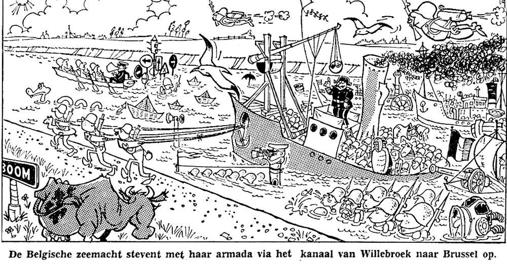De Belgische zeemacht stevent met haar armada via het kanaal van Willebroek naar Brussel op
