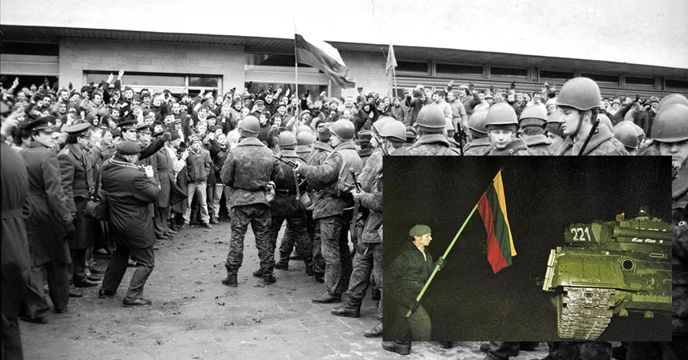 Ongewapende burgers in het verweer tegen Sovjettroepen in Litouwen