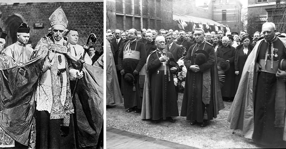 Kardinaal Mercier (l) en een beeld van zijn uitvaart (r) (Photo News)