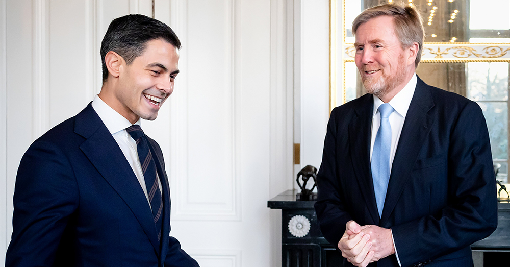 Toekomstig premier Rob Jetten van het minderheidskabinet werd ontvangen door koning Willem-Alexander (Photonews)