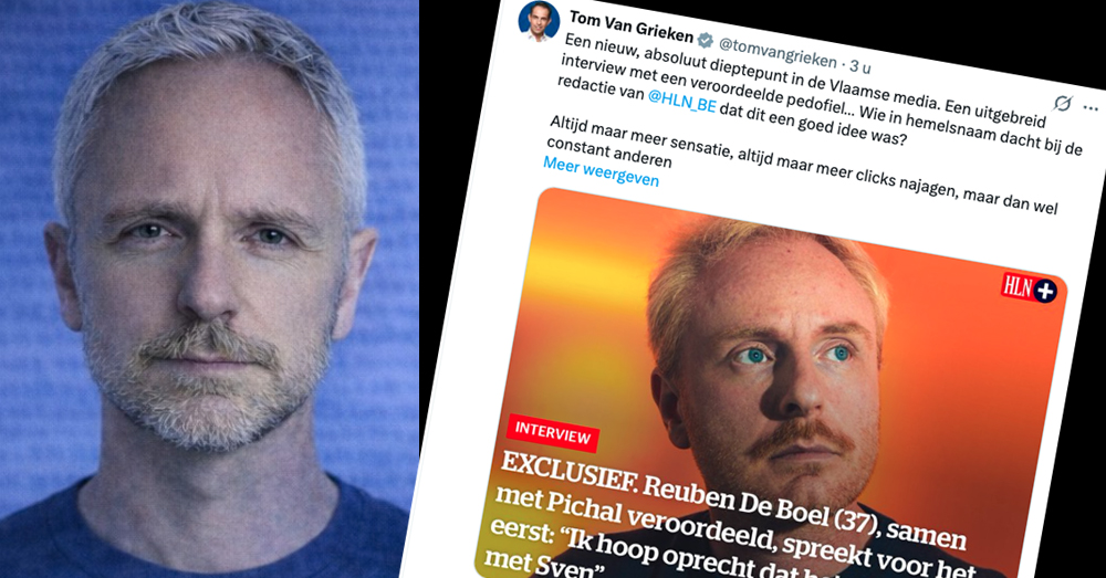 Links; coverfoto van boek 'Wat niet verteld werd' (Reuben De Boel), Rechts; X-post Tom Van Grieken