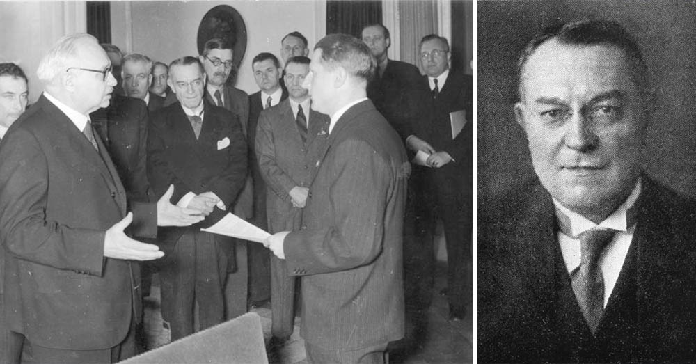 Reimond Speleers (midden, met pochet) kijkt toe bij de overgave van het Katyn-onderzoeksrapport