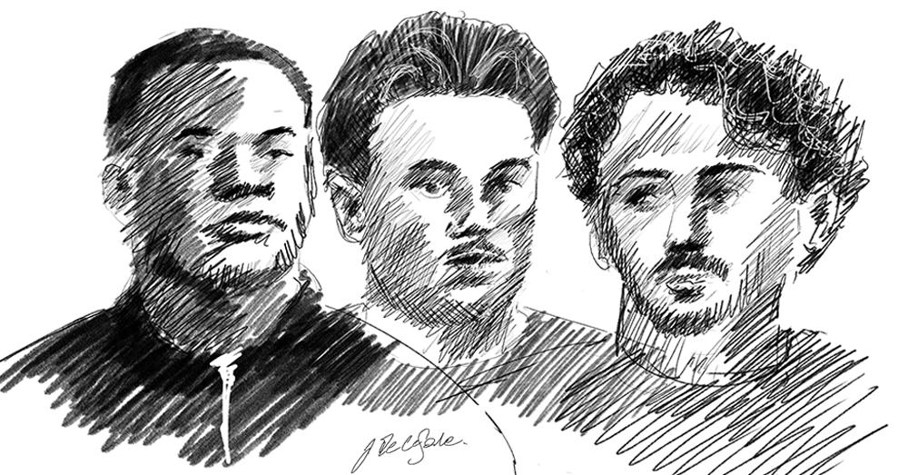 Schets van de drie beklaagden in de rechtbank (Jonathan De Cesare via Belga)