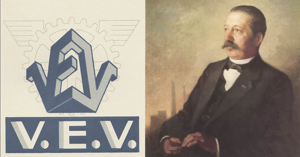 Logo VEV en portret van Lieven Gevaert door George Van Raemdonck