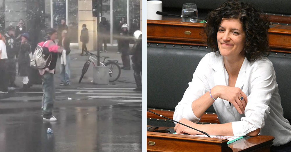 Claire Hugon Lecharlier (Ecolo-Groen), die in de Kamer Tinne Van der Straeten opvolgde, kreeg pepperspray in haar gezicht (X en Photonews)