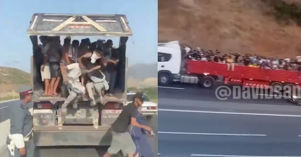 Migranten werden met vrachtwagens naar Ceuta gevoerd. Foto: X