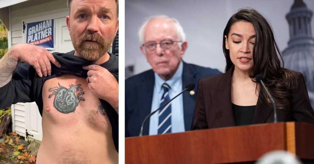 VLNR: Graham Platner, Bernie Sanders en Alexandria Ocasio Cortez. Foto's: Photonews