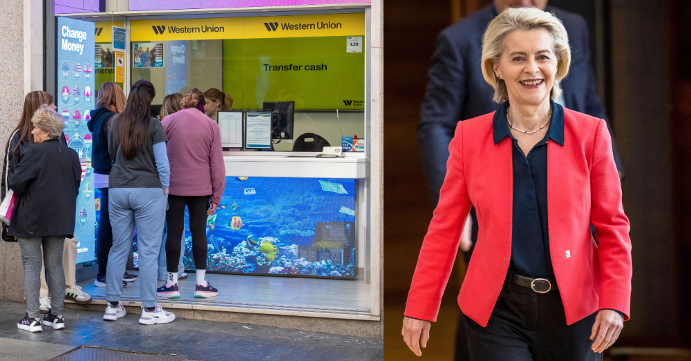 Mensen die internationaal geld versturen en Ursula von der Leyen. Foto: Shutterstock