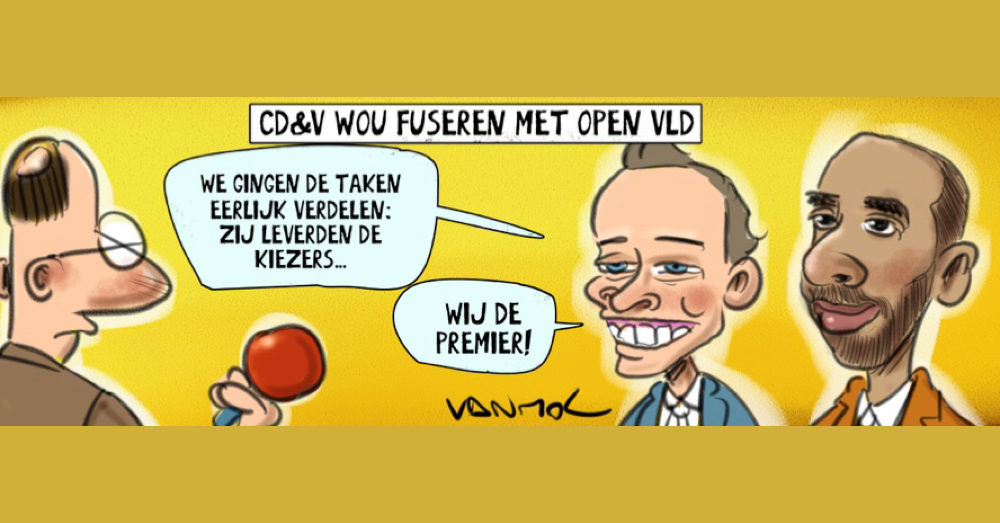 Cartoon van Egbert Lachaert en Sammy Mahdi over de fusieplannen van CD&V en Open VLD