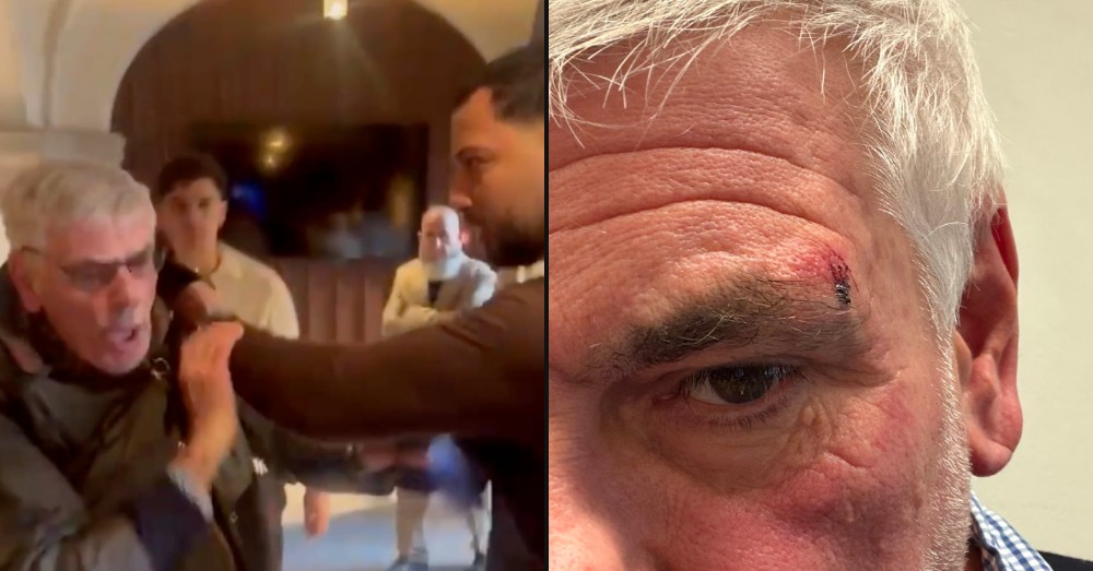 Links Filip Dewinter die wordt vastgegrepen, rechts een close-up van zijn verwonde wenkbrauw