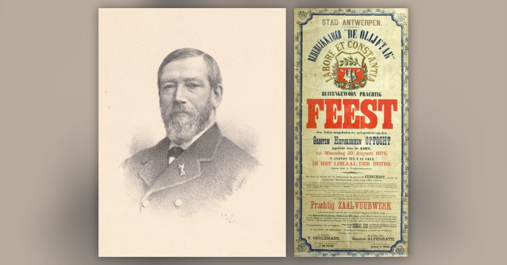 Gravure van Domien Sleeckx naast een oud feestplakkaat van De Olijftak